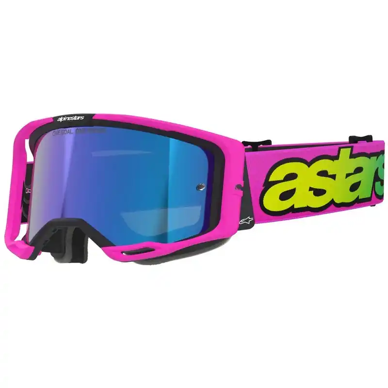 Populair Alpinestars Vision 8 Vista fluo roze-fluo geel-groene crossbril met gespiegelde blauwe lens