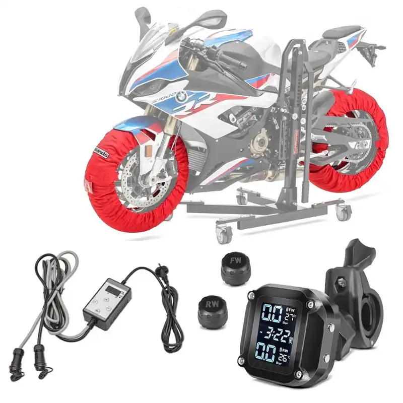 Shop Nu Set: Motorfiets Bandenwarmers Paar Snaefell ConStands 30-99°C digitaal voorwiel en achterwiel rood + RDKS Bandenspanningscontrolesysteem met temperatuurmeter Tourtecs bandenspanningsmeter