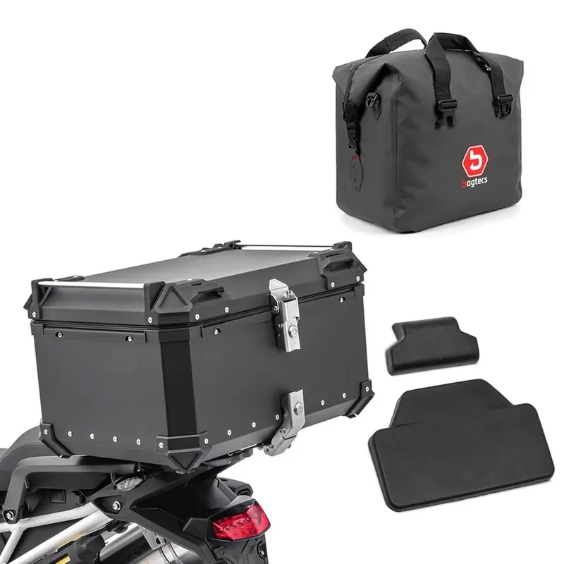 Populair Set Motor aluminium topkoffer 65L + binnentas Dry Bag + passagier rugkussen Bagtecs XB65 zwart