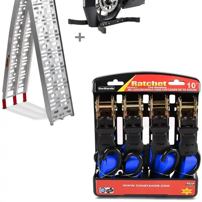 Superprijs Set: Motor Oprijplaat aluminium CS1 set met Inrijklem Easy Plus max. 340kg Constands + Motorfiets Spanband Set met ratel en haak incl 4x lastlussen in