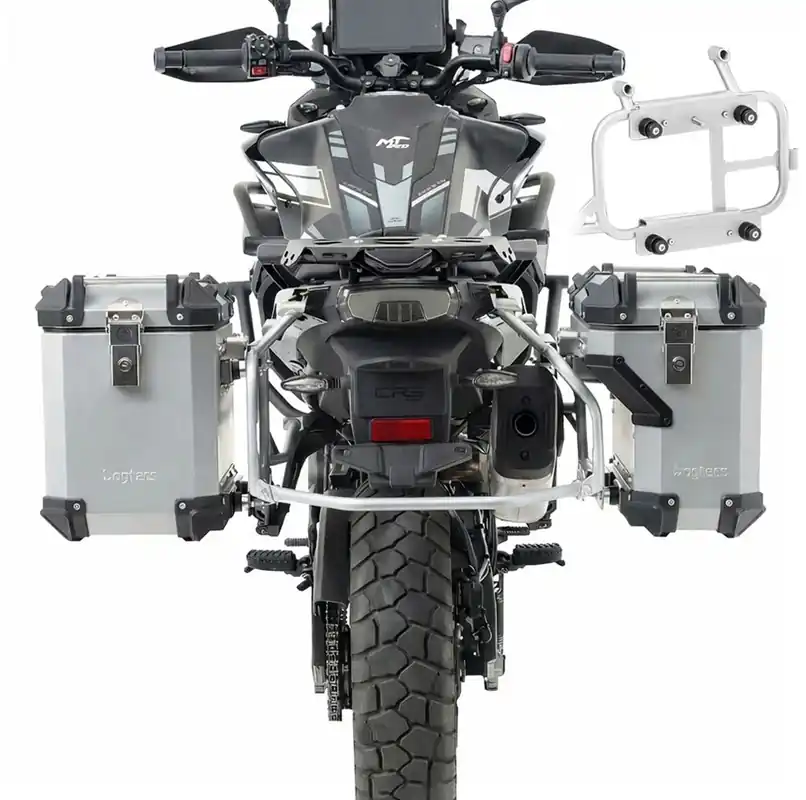 Seizoensaanbieding Set aluminium koffers voor CFMOTO 1000 MT-X 2026 zijkoffers + adapters voor originele kofferrek Bagtecs ADSX70 zilver