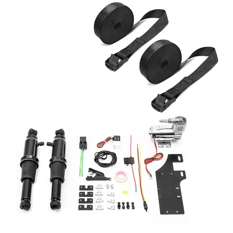 Set: Luchtvering Chassis passend voor Harley Davidson Touring 94-26 Craftride Air Ride zwart + Motorfiets Spanband Set ConStands 150cm 2 stuks in zwart Flitsaanbieding