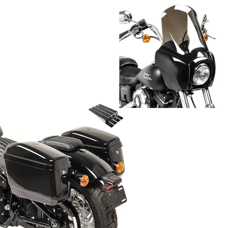 Set: Kuip geschikt compatibel met Harley Davidson Dyna Low Rider / Street Bob Craftride MG5 met windscherm zwart-rookgrijs + Chopper Hard zadeltassen Craftride Nevada 20l + montagekit Beperkte Voorraad