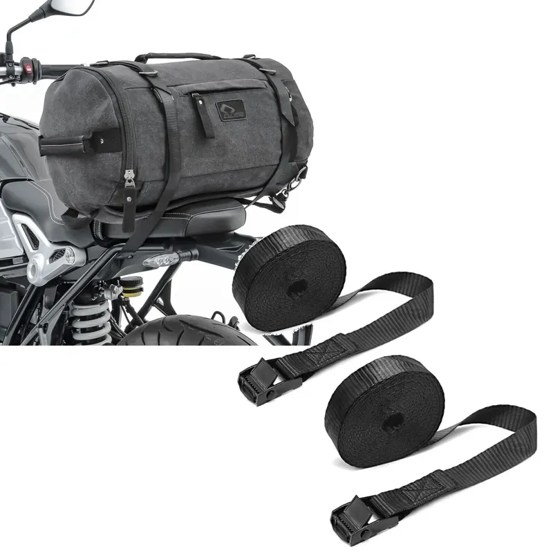 Set: Motor Buddyseat Tas Vintage 25L Canvas Rugzak Bagagerol achtertas grijs Craftride + Motorfiets Spanband Set ConStands 150cm 2 stuks in zwart Must-Have