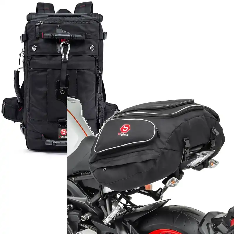 Koop Vandaag Set: Motor rugzak HK4 buddyseat tas 45Ltr in zwart Bagtecs met Motorfiets Buddyseat tas X50 50Ltr in zwart