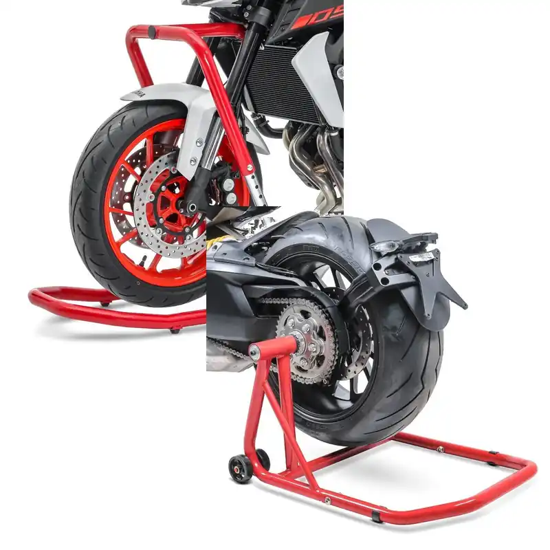 Set: Stuurkopsteun Paddock Stand V5 compatibel met Triumph Speed Triple / R / S / RS 11-21 rood + Paddock stand achter Monobrug Triumph Speed Triple / R 97-20 ConStands Single-Classic rood Direct Beschikbaar