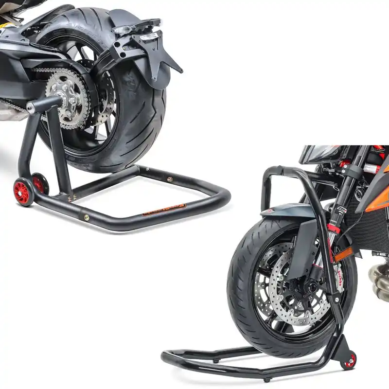 Set: Paddock stand achter Monobrug compatibel met KTM 1290 Super Duke / R 14-21 -One + Stuurkopsteun Paddock Stand V4 compatibel met KTM 1290 Super Duke / R 17-19 Direct Beschikbaar